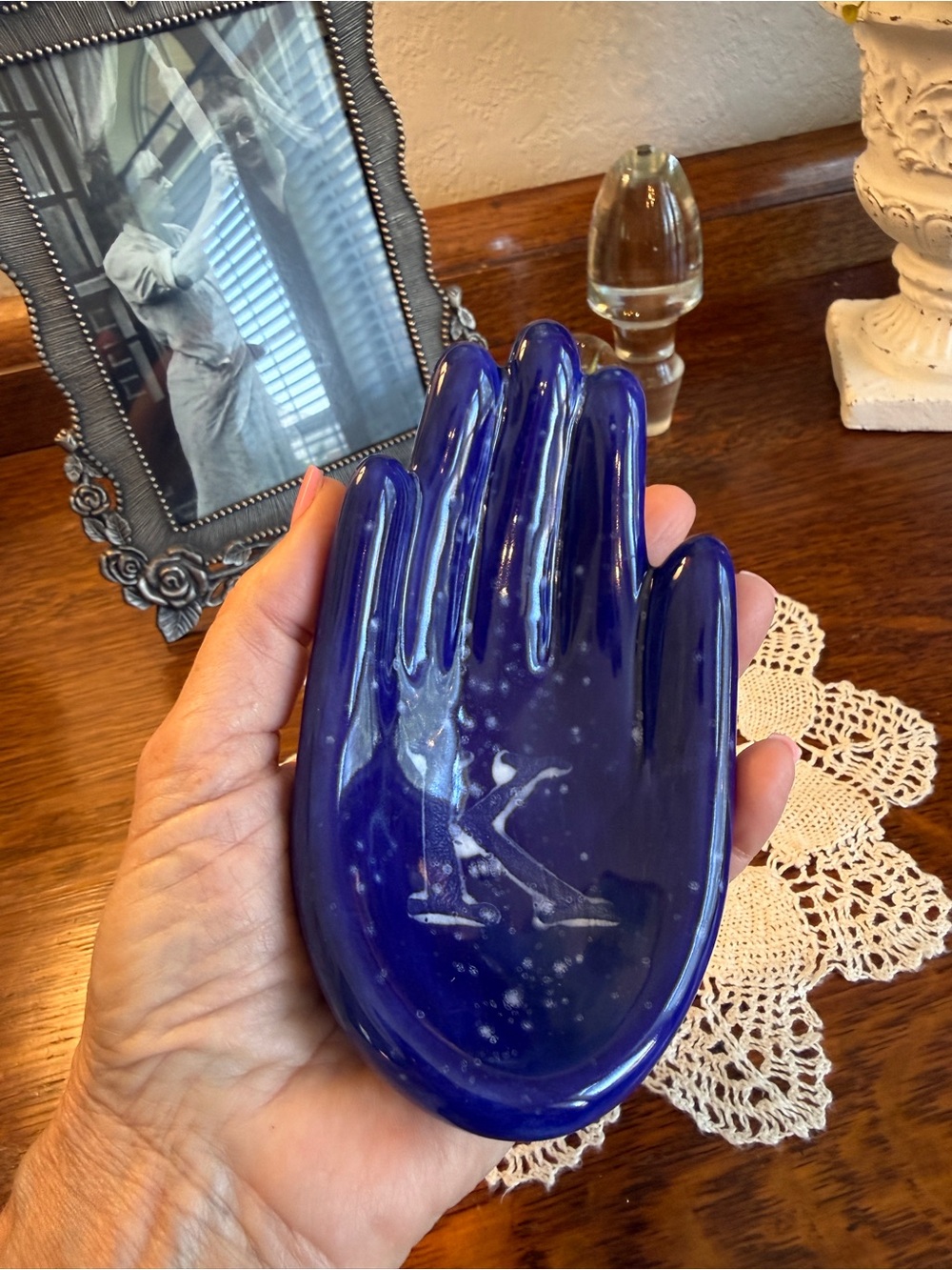 Cobalt Blue Ceramic Hand Dish with Initial “K” - Picture 12 of 12